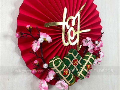 Vòng treo cửa Quạt giấy nhung Đỏ Tết bánh chưng xanh [3 kiểu - Nhẹ] N30cm VTC-T-47